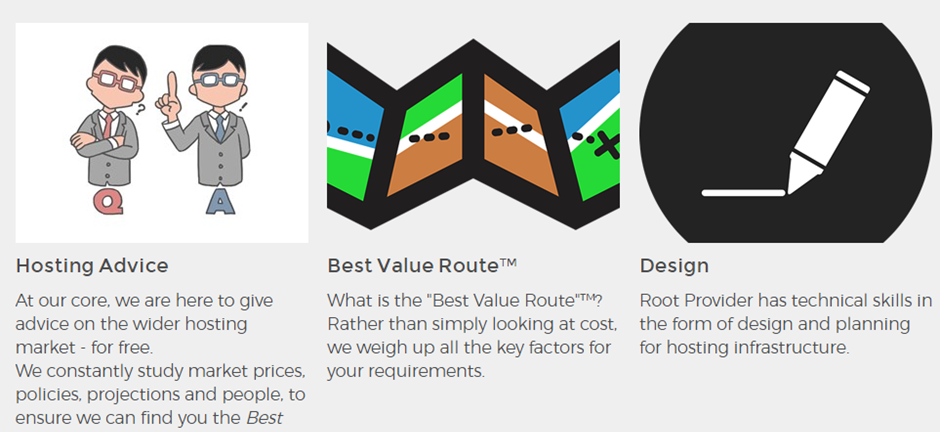 Website feature pods, discussing aspects of Root Provider